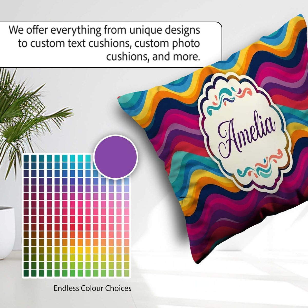 Custom Name Abstract Curved Ribbon Layers Bright Motion Seamless Square Filled Cushion Throw Pillow Sofa Bed Home Decor Zip Washable UK Made