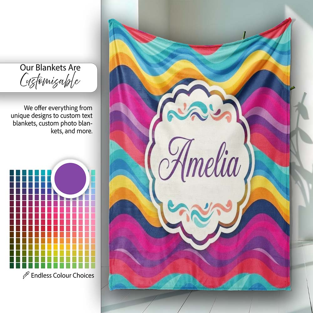 Abstract Curved Ribbon Layers Bright Color Motion Seamless Pattern Personalised Custom Name Super Soft Fleece Blanket Bed Sofa Throw