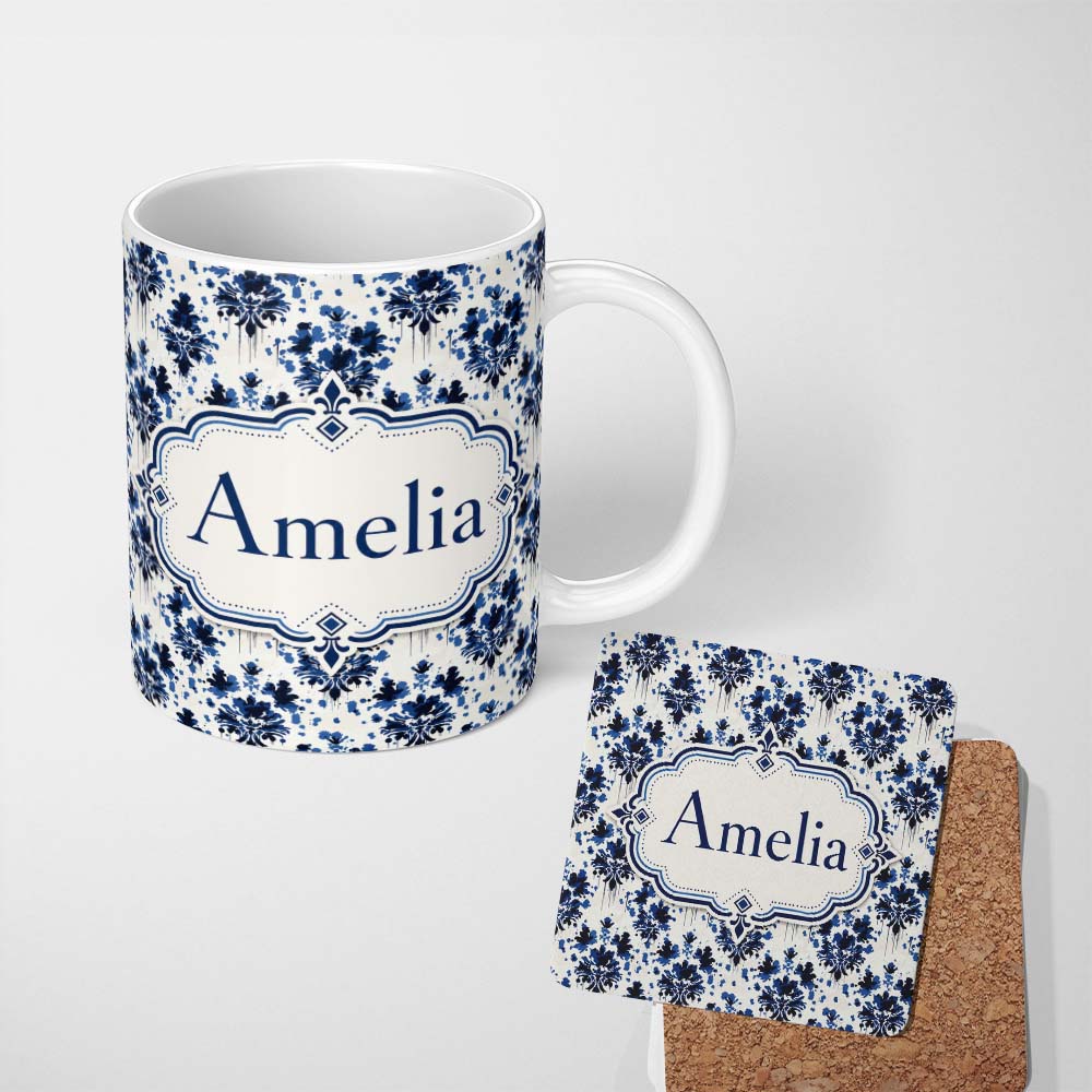 Personalized Custom Name Navy Blue Floral Ink Blot Damask Seamless Pattern Cute Unique Gift 11oz Ceramic Coffee Tea Mug White Large Handle