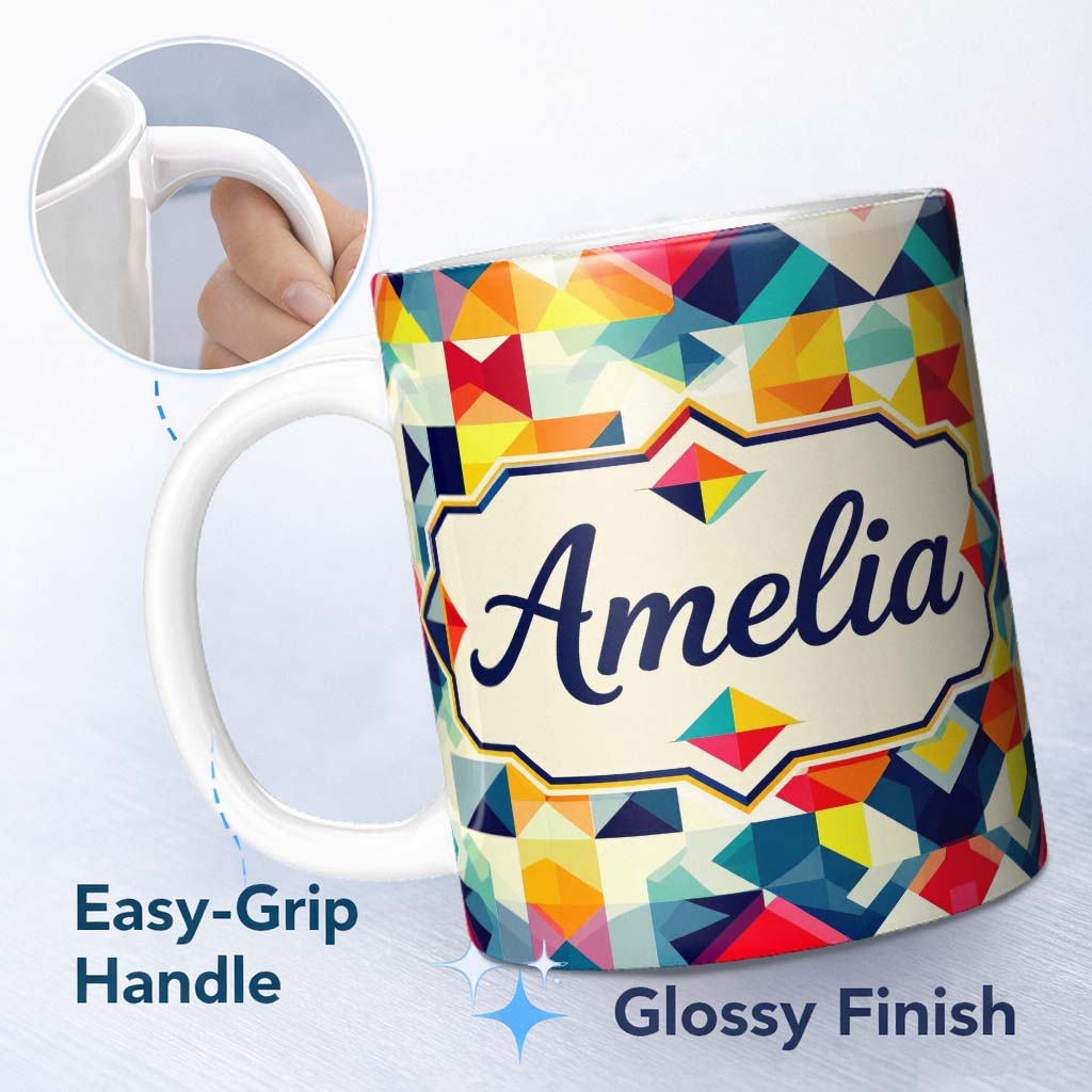 Personalized Custom Name Abstract Geometric Patchwork Color Blocks Modern Art Seamless 11oz Ceramic Coffee Tea Mug White Large Handle