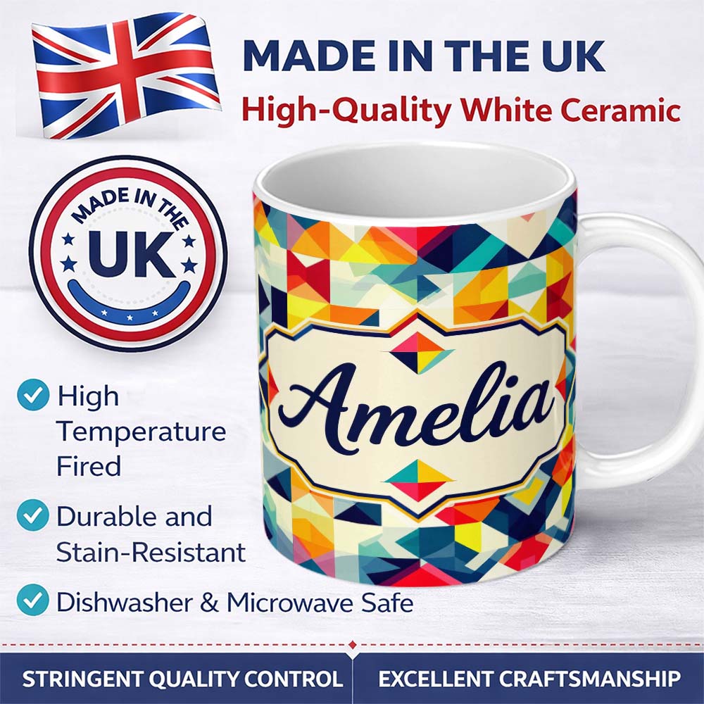Personalized Custom Name Abstract Geometric Patchwork Color Blocks Modern Art Seamless 11oz Ceramic Coffee Tea Mug White Large Handle