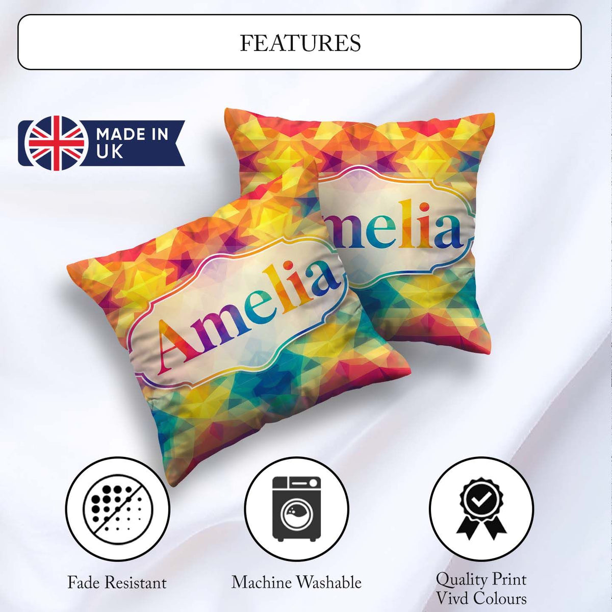 Custom Name Abstract Kaleidoscope Prism Shapes Symmetry Seamless Square Filled Cushion Throw Pillow Sofa Bed Home Decor Zip Washable UK Made