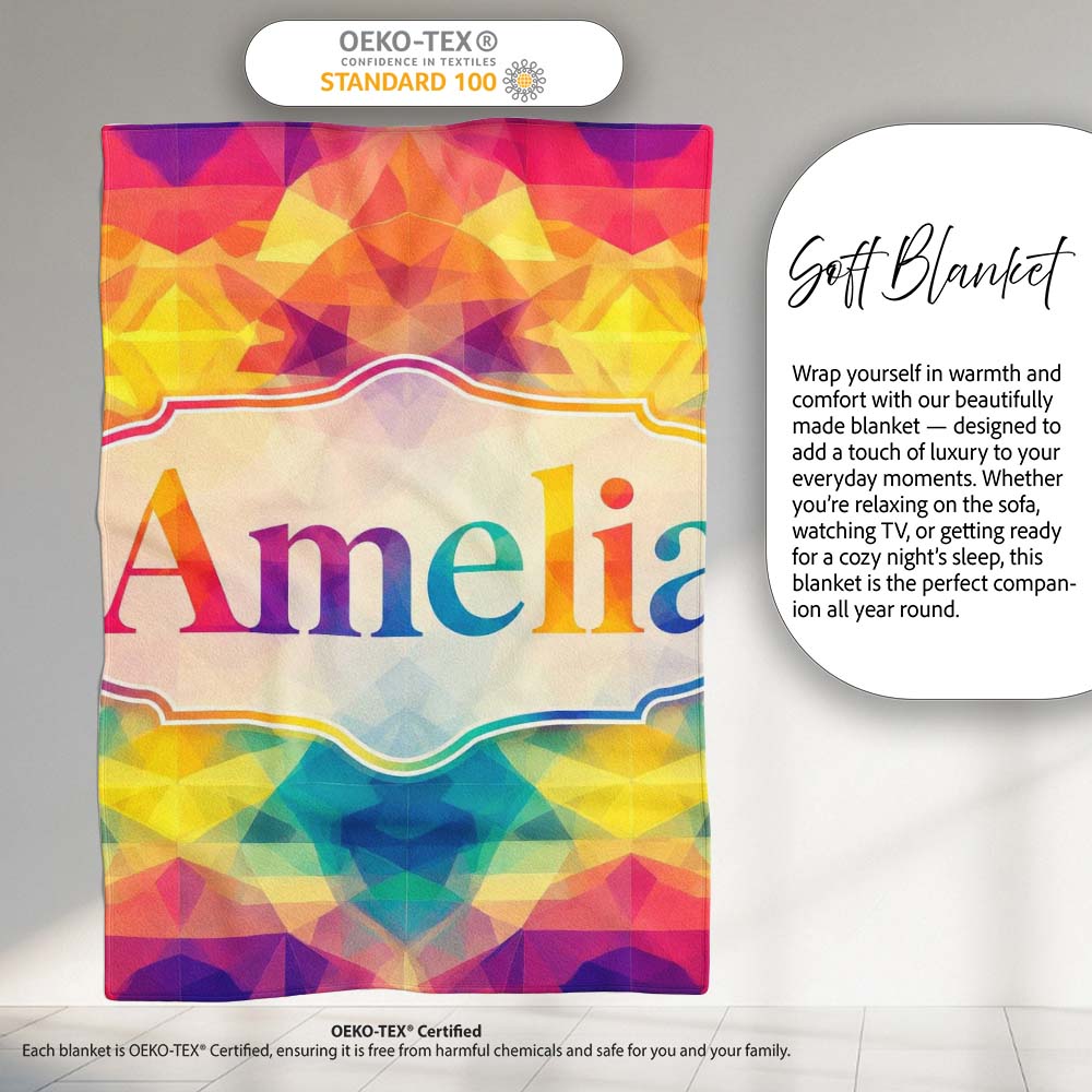 Abstract Kaleidoscope Prism Shapes Vibrant Symmetry Seamless Personalised Custom Name Super Soft Fleece Blanket Bed Sofa Throw
