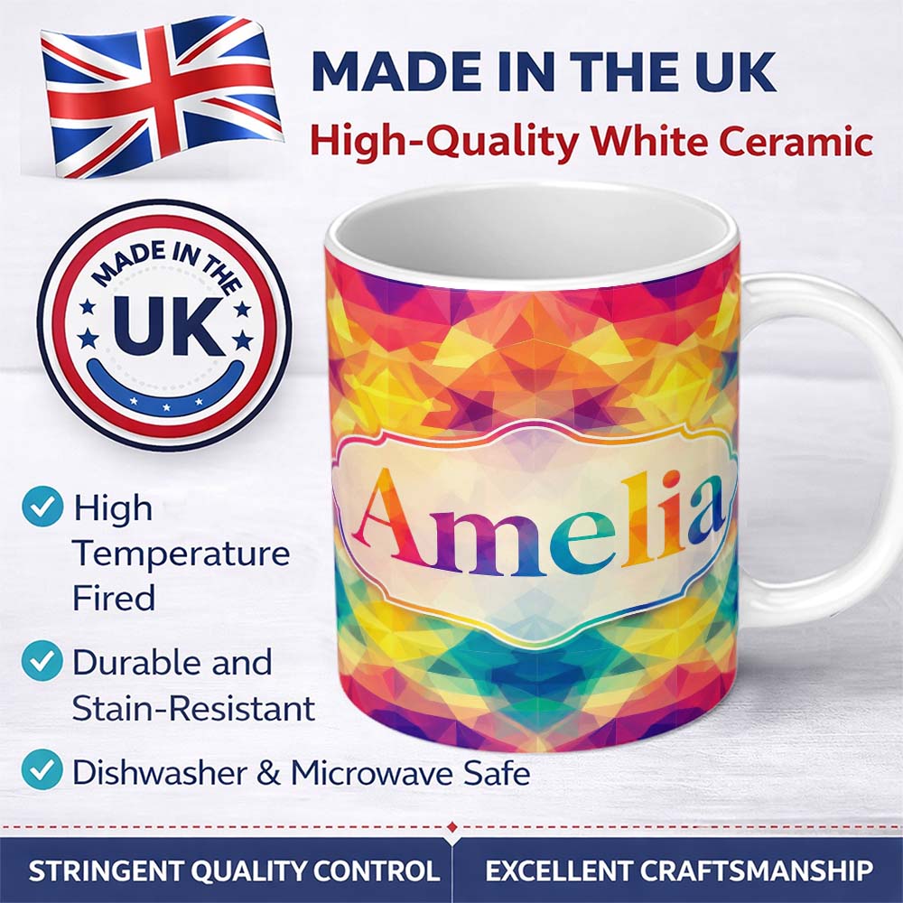 Personalized Custom Name Abstract Kaleidoscope Prism Shapes Vibrant Symmetry Seamless 11oz Ceramic Coffee Tea Mug White Large Handle