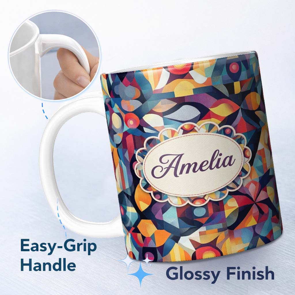 Personalized Custom Name Abstract Cubist Mosaic Shapes Artistic Color Fusion Seamless 11oz Ceramic Coffee Tea Mug White Large Handle