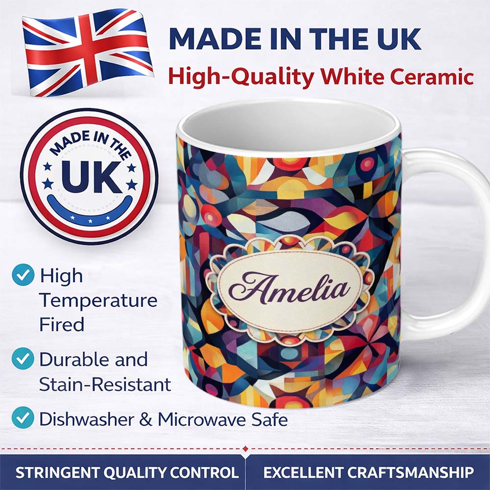 Personalized Custom Name Abstract Cubist Mosaic Shapes Artistic Color Fusion Seamless 11oz Ceramic Coffee Tea Mug White Large Handle