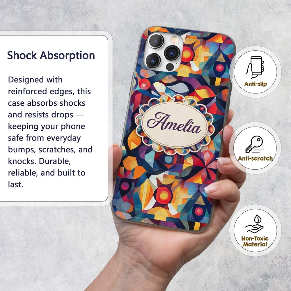 Abstract Cubist Mosaic Shapes Artistic Color Custom Name Protective Phone Case Mobile Cover Durable Everyday Smartphone Shock Resistant