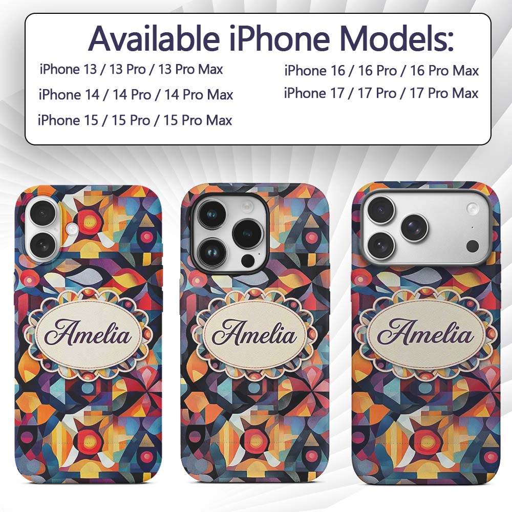 Abstract Cubist Mosaic Shapes Artistic Color Custom Name Protective Phone Case Mobile Cover Durable Everyday Smartphone Shock Resistant