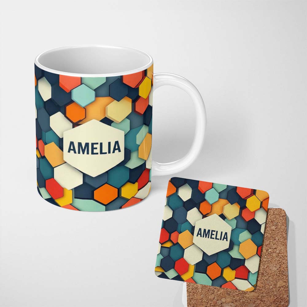 Personalized Custom Name Abstract Hexagon Geometric Tiles Modern Color Grid Seamless Pattern 11oz Ceramic Coffee Tea Mug White Large Handle