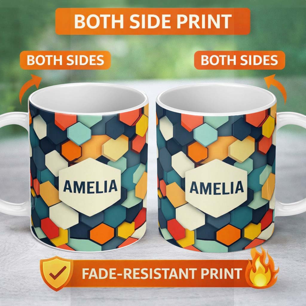 Personalized Custom Name Abstract Hexagon Geometric Tiles Modern Color Grid Seamless Pattern 11oz Ceramic Coffee Tea Mug White Large Handle