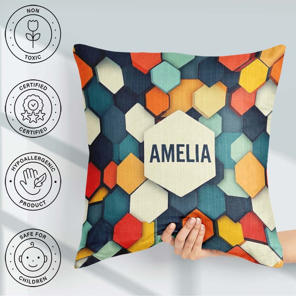 Custom Name Abstract Hexagon Geometric Tiles Color Grid Seamless Square Filled Cushion Throw Pillow Sofa Bed Home Decor Zip Washable UK Made