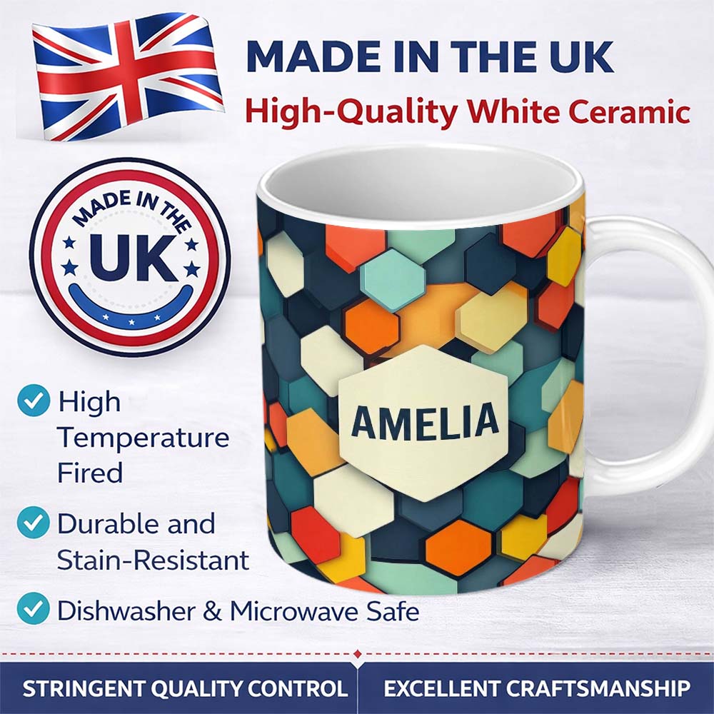 Personalized Custom Name Abstract Hexagon Geometric Tiles Modern Color Grid Seamless Pattern 11oz Ceramic Coffee Tea Mug White Large Handle