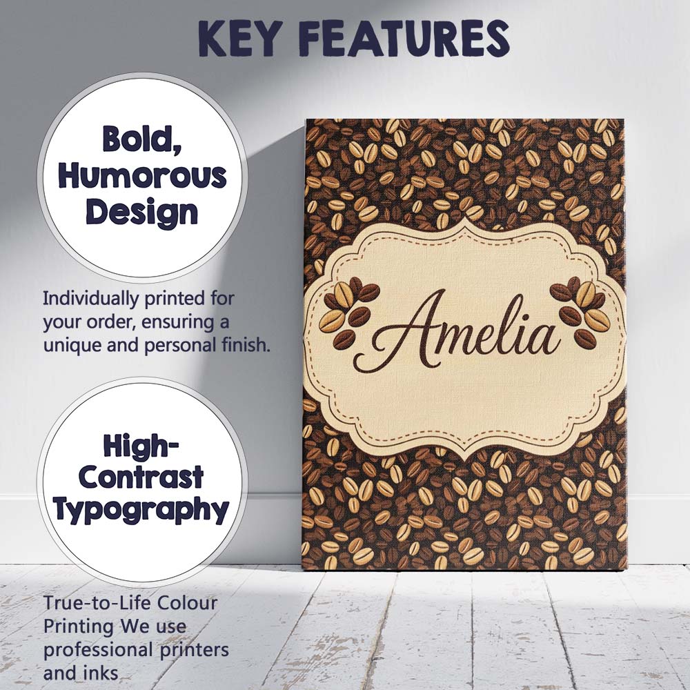Personalised Name Coffee Beans Dark Brown Seamless Pattern Cute Custom Statement Canvas Wall Art Print Decor Picture Ready to Hang