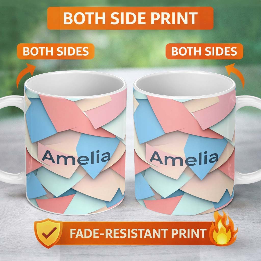 Personalized Custom Name Abstract Pastel Paper Cut Shapes Soft Layered Texture Seamless 11oz Ceramic Coffee Tea Mug White Large Handle