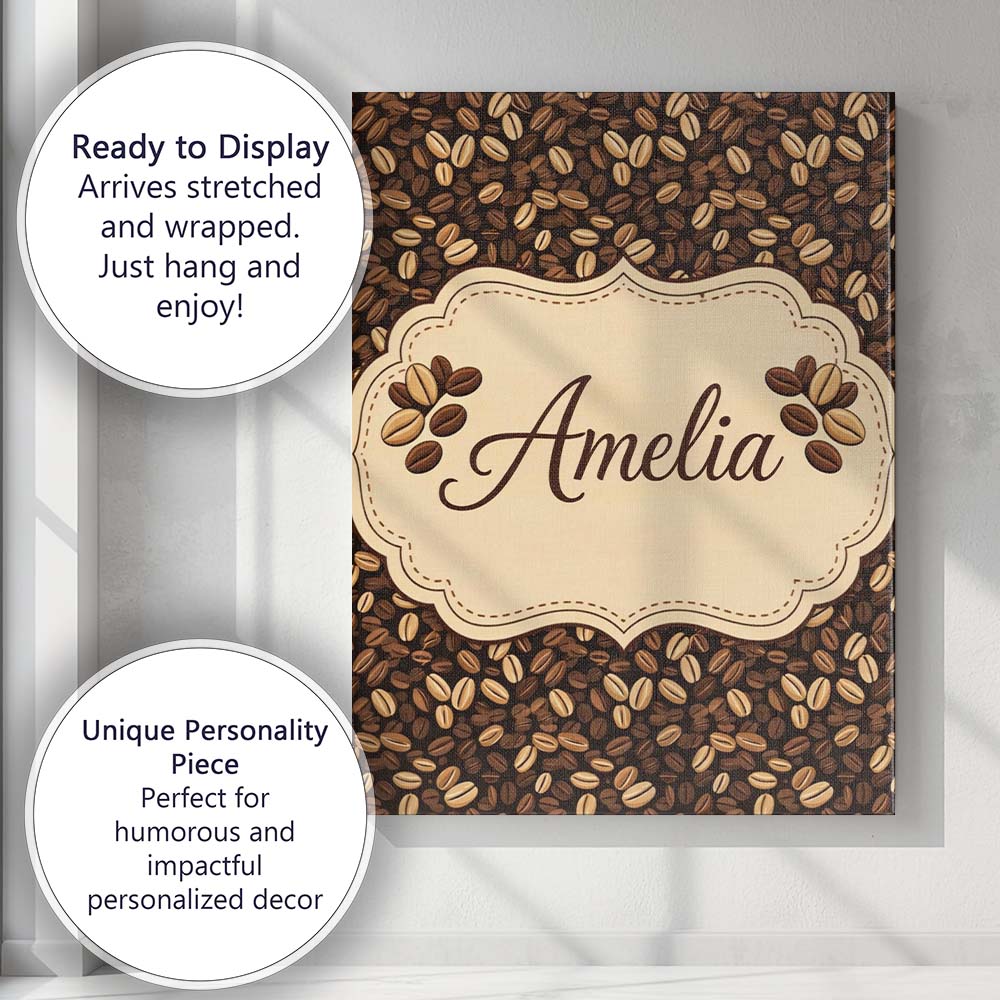 Personalised Name Coffee Beans Dark Brown Seamless Pattern Cute Custom Statement Canvas Wall Art Print Decor Picture Ready to Hang