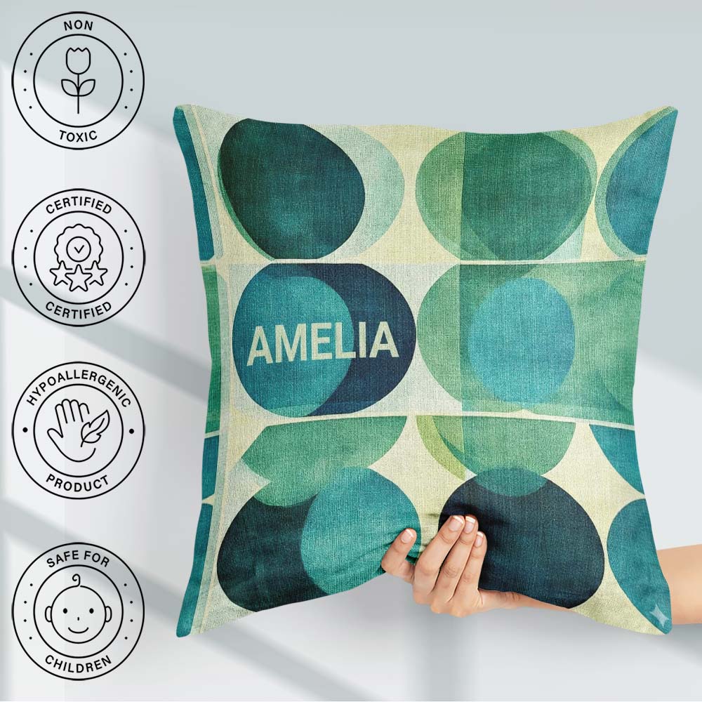 Custom Name Abstract Green Circle Shapes Century Modern Seamless Square Filled Cushion Throw Pillow Sofa Bed Home Decor Zip Washable UK Made