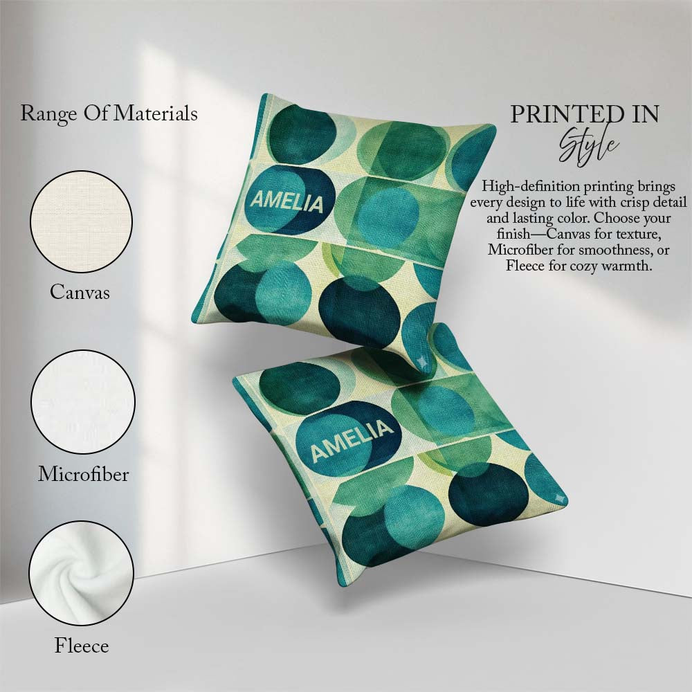 Custom Name Abstract Green Circle Shapes Century Modern Seamless Square Filled Cushion Throw Pillow Sofa Bed Home Decor Zip Washable UK Made