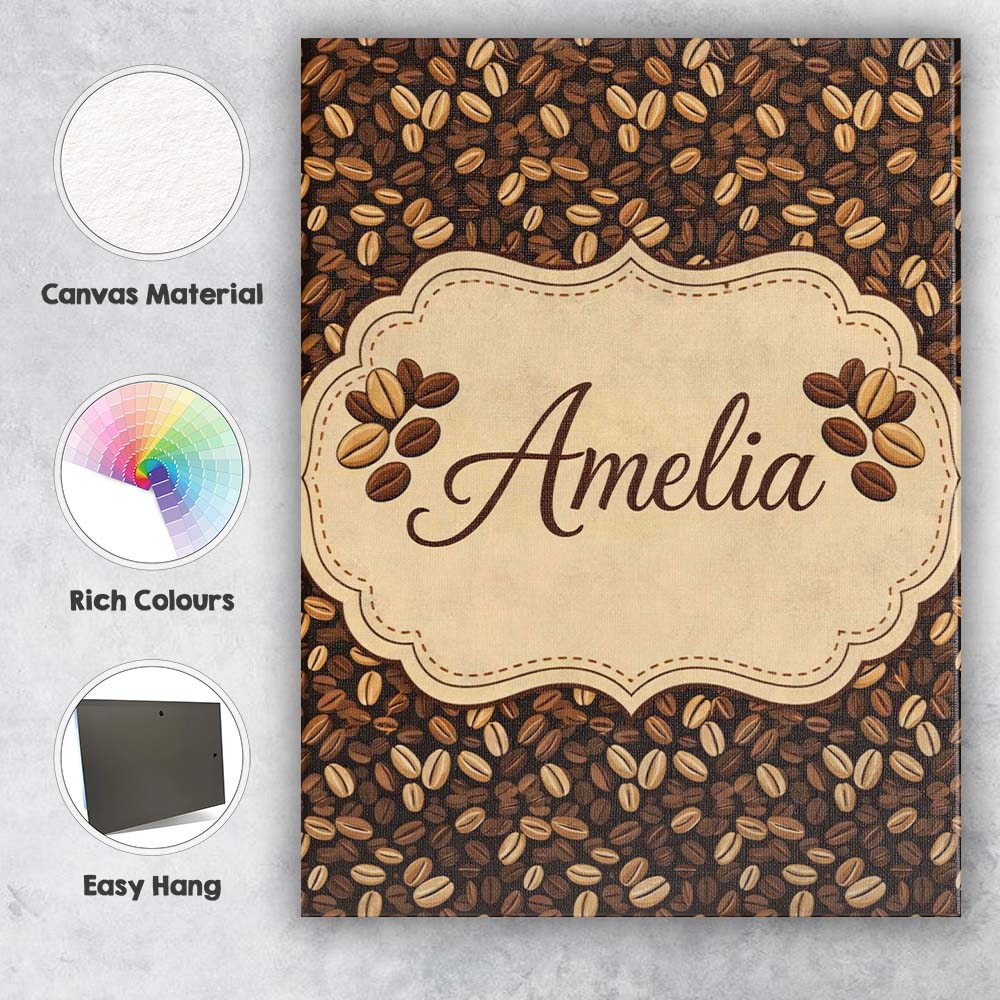 Personalised Name Coffee Beans Dark Brown Seamless Pattern Cute Custom Statement Canvas Wall Art Print Decor Picture Ready to Hang