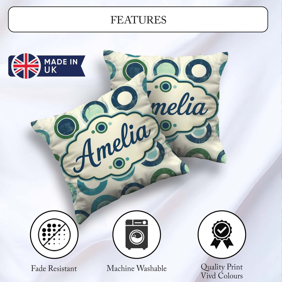 Custom Name Abstract Blue Green Circle Repeat Geometric Seamless Square Filled Cushion Throw Pillow Sofa Bed Home Decor Zip Washable UK Made