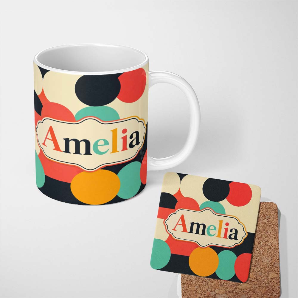 Personalized Custom Name Abstract Bold Color Circle Pop Art Geometric Shapes Seamless 11oz Ceramic Coffee Tea Mug White Large Handle