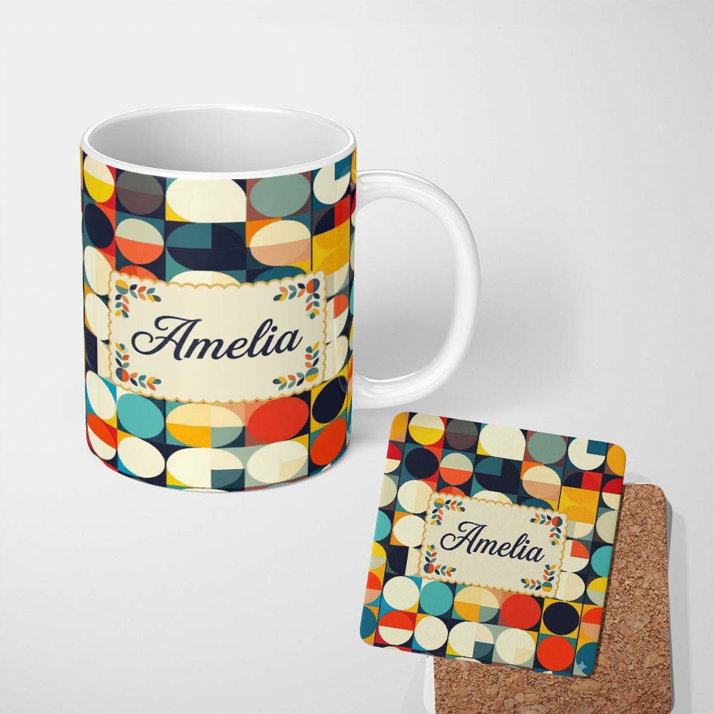 Personalized Custom Name Abstract Oval Grid Color Block Mid Century Pattern Seamless Name 11oz Ceramic Coffee Tea Mug White Large Handle