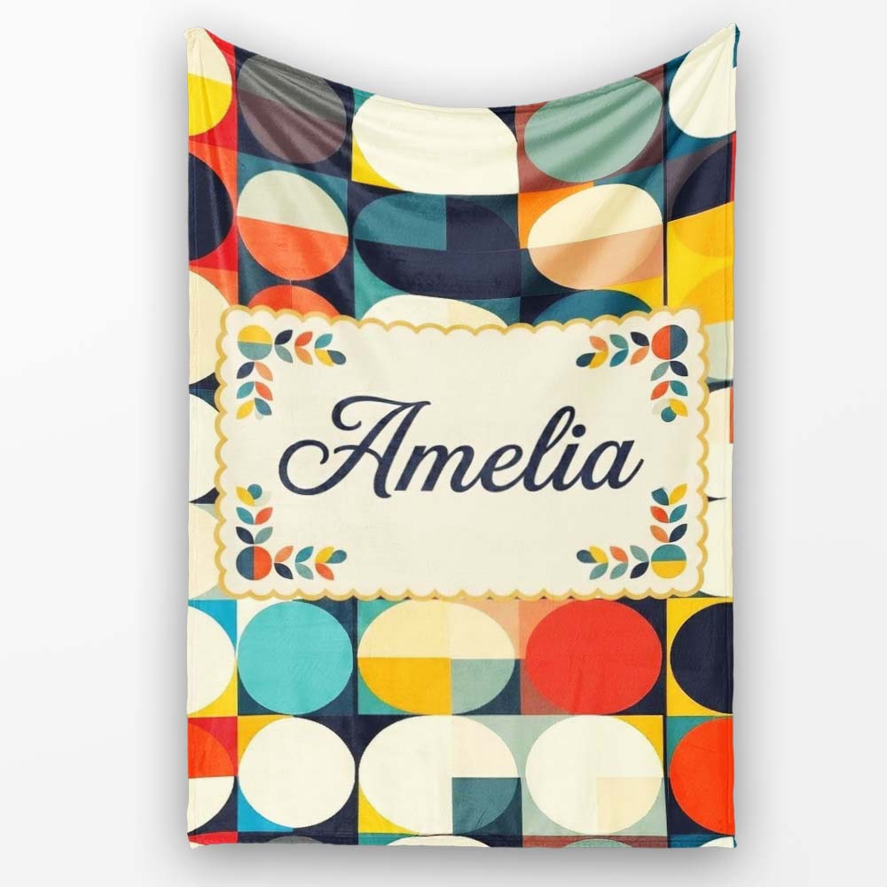 Abstract Oval Grid Color Block Mid Century Pattern Seamless Name Personalised Custom Name Super Soft Fleece Blanket Bed Sofa Throw