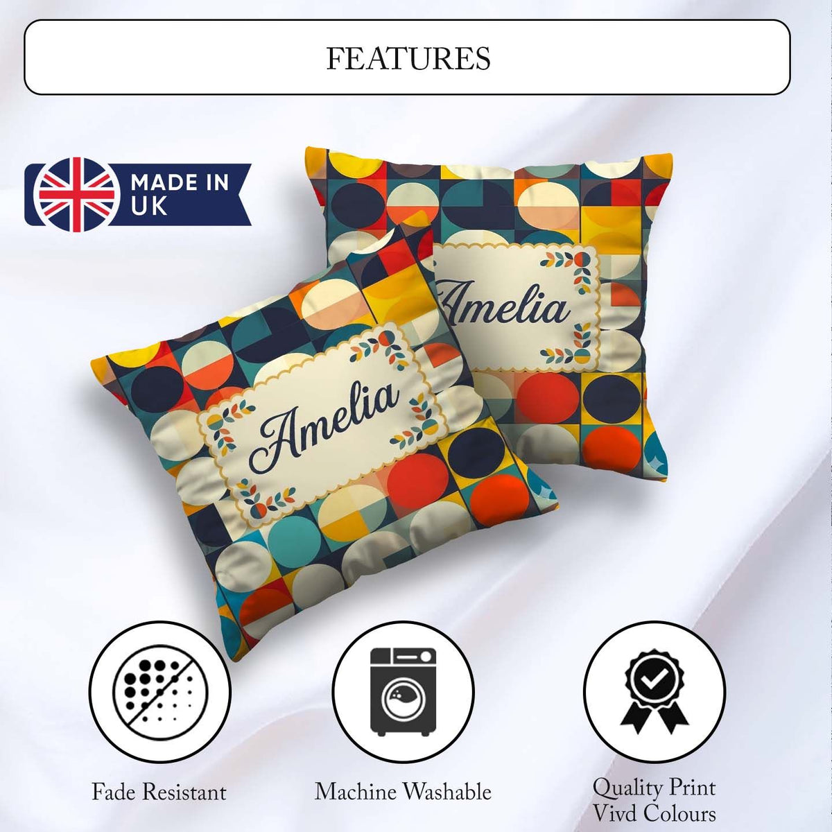 Custom Name Abstract Oval Grid Color Block Century Seamless Name Square Filled Cushion Throw Pillow Sofa Bed Home Decor Zip Washable UK Made