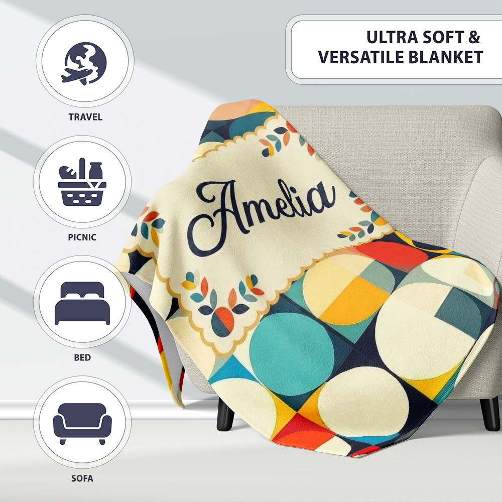 Abstract Oval Grid Color Block Mid Century Pattern Seamless Name Personalised Custom Name Super Soft Fleece Blanket Bed Sofa Throw
