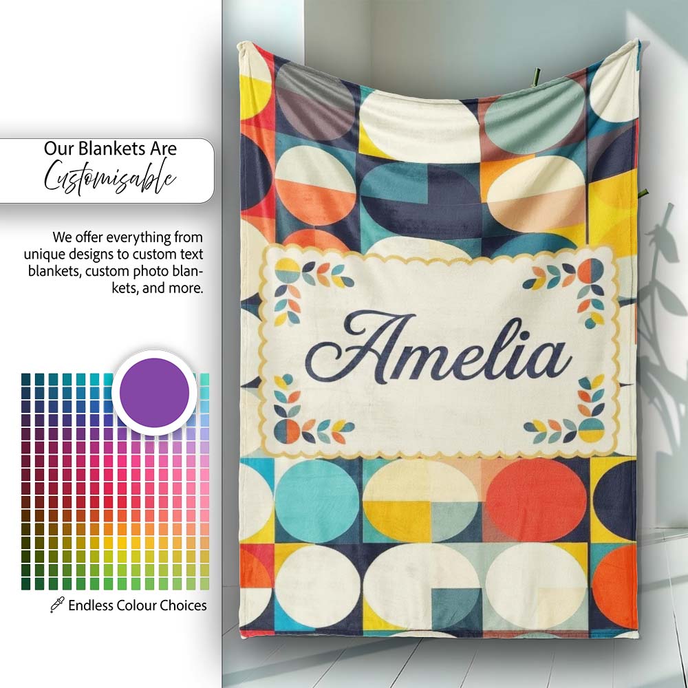 Abstract Oval Grid Color Block Mid Century Pattern Seamless Name Personalised Custom Name Super Soft Fleece Blanket Bed Sofa Throw