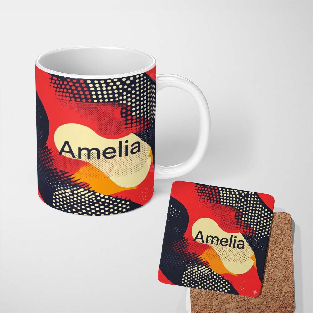 Personalized Custom Name Abstract Halftone Pop Art Texture Bold Color Splash Seamless 11oz Ceramic Coffee Tea Mug White Large Handle