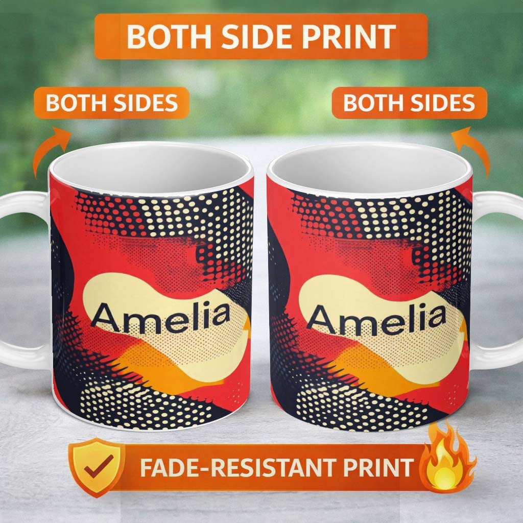 Personalized Custom Name Abstract Halftone Pop Art Texture Bold Color Splash Seamless 11oz Ceramic Coffee Tea Mug White Large Handle