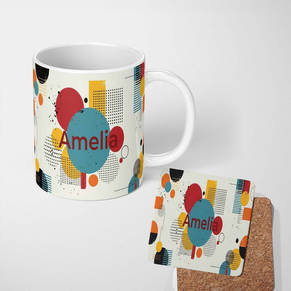 Personalized Custom Name Abstract Modern Memphis Style Shapes Lines Dots Pattern Seamless 11oz Ceramic Coffee Tea Mug White Large Handle