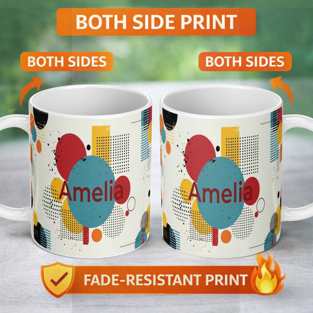 Personalized Custom Name Abstract Modern Memphis Style Shapes Lines Dots Pattern Seamless 11oz Ceramic Coffee Tea Mug White Large Handle