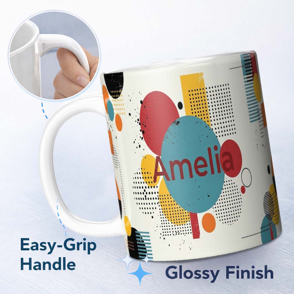 Personalized Custom Name Abstract Modern Memphis Style Shapes Lines Dots Pattern Seamless 11oz Ceramic Coffee Tea Mug White Large Handle