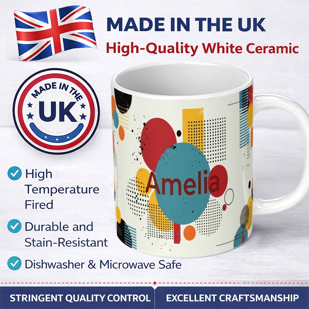 Personalized Custom Name Abstract Modern Memphis Style Shapes Lines Dots Pattern Seamless 11oz Ceramic Coffee Tea Mug White Large Handle