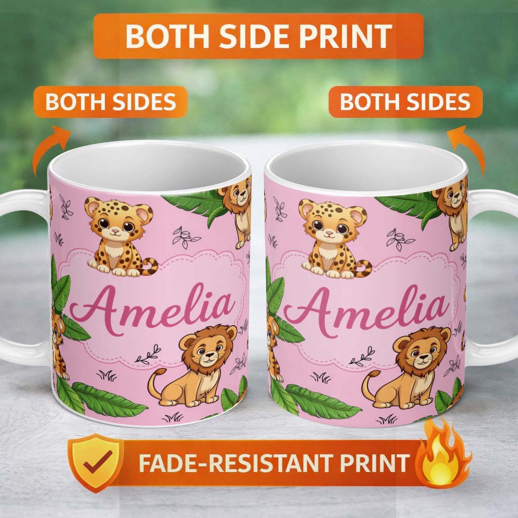 Personalized Custom Name Cute Jungle Animals Lion Tiger Leopard Pink Background Tropical 11oz Ceramic Coffee Tea Mug White Large Handle