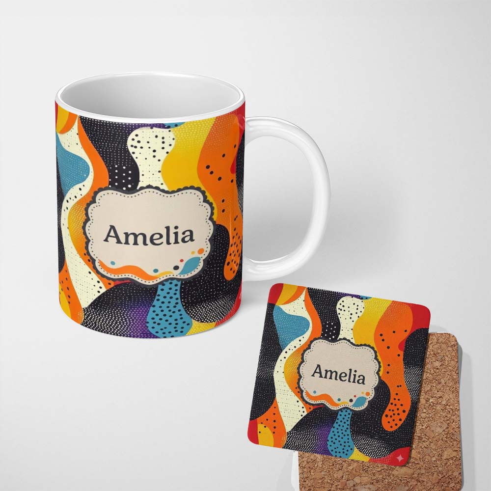 Personalized Custom Name Abstract Organic Blob Shapes Dotted Texture Bold Colors Seamless 11oz Ceramic Coffee Tea Mug White Large Handle