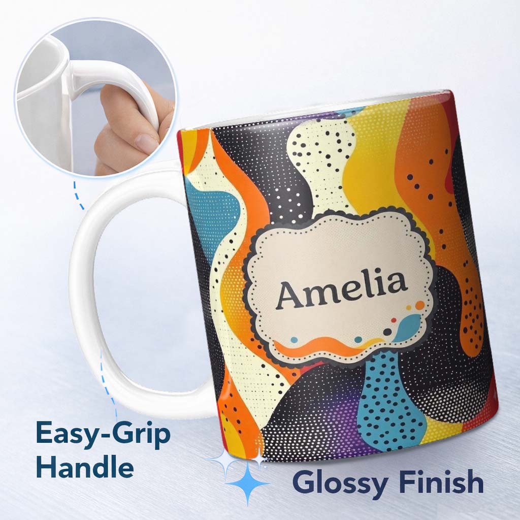 Personalized Custom Name Abstract Organic Blob Shapes Dotted Texture Bold Colors Seamless 11oz Ceramic Coffee Tea Mug White Large Handle