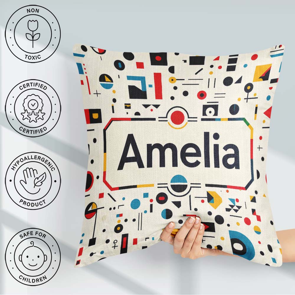 Custom Name Abstract Bauhaus Geometric Primary Minimal Pattern Square Filled Cushion Throw Pillow Sofa Bed Home Decor Zip Washable UK Made