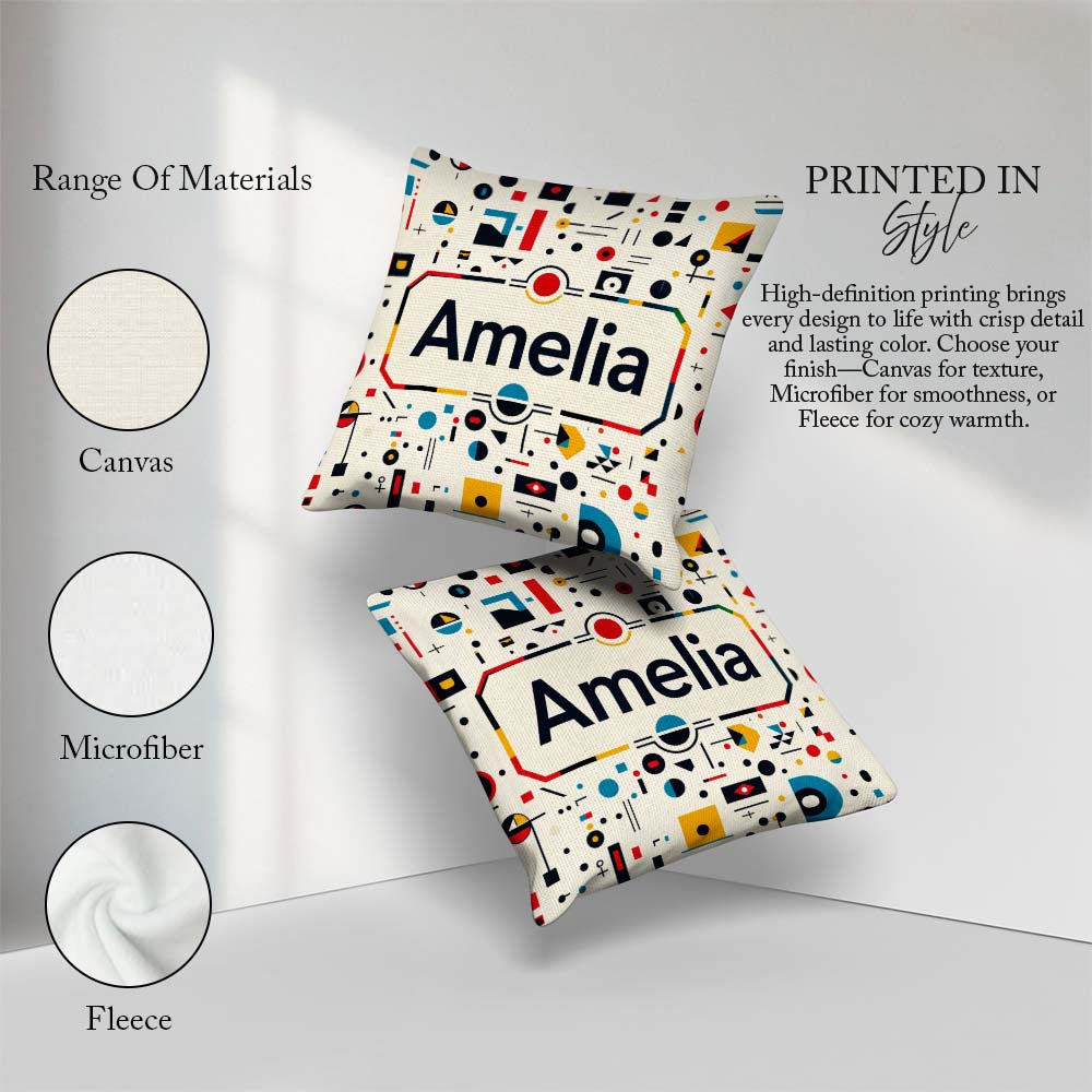 Custom Name Abstract Bauhaus Geometric Primary Minimal Pattern Square Filled Cushion Throw Pillow Sofa Bed Home Decor Zip Washable UK Made