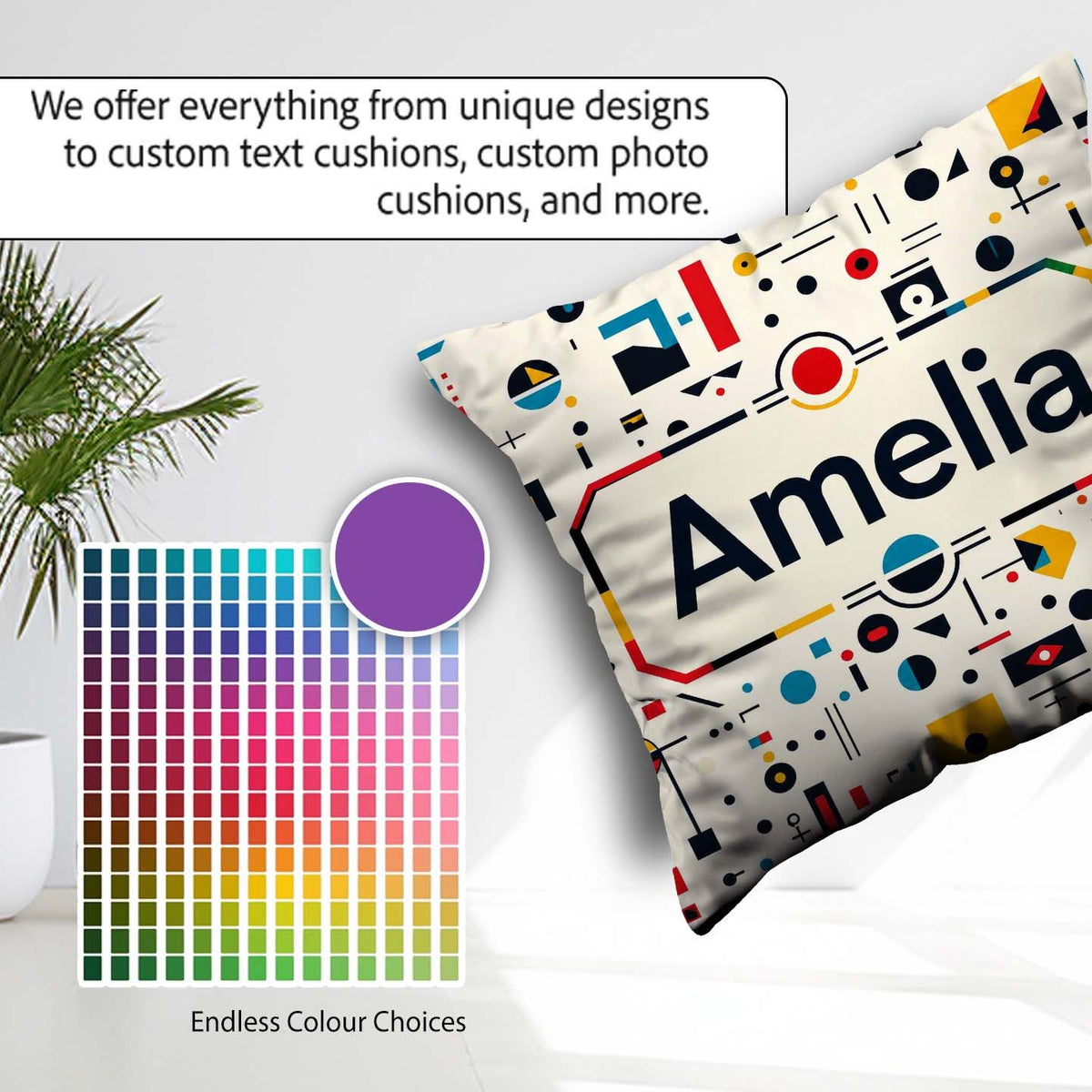 Custom Name Abstract Bauhaus Geometric Primary Minimal Pattern Square Filled Cushion Throw Pillow Sofa Bed Home Decor Zip Washable UK Made