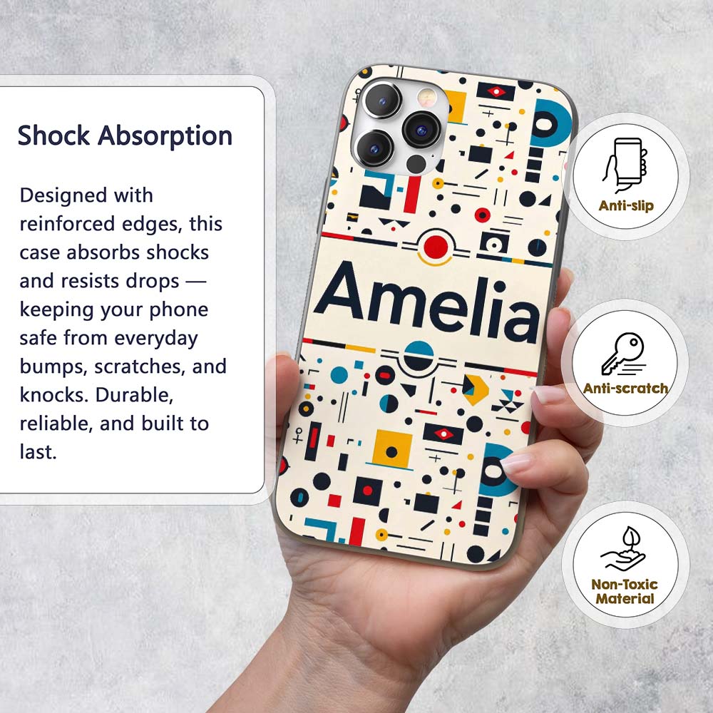 Abstract Bauhaus Geometric Shapes Primary Colors Custom Name Protective Phone Case Mobile Cover Durable Everyday Smartphone Shock Resistant