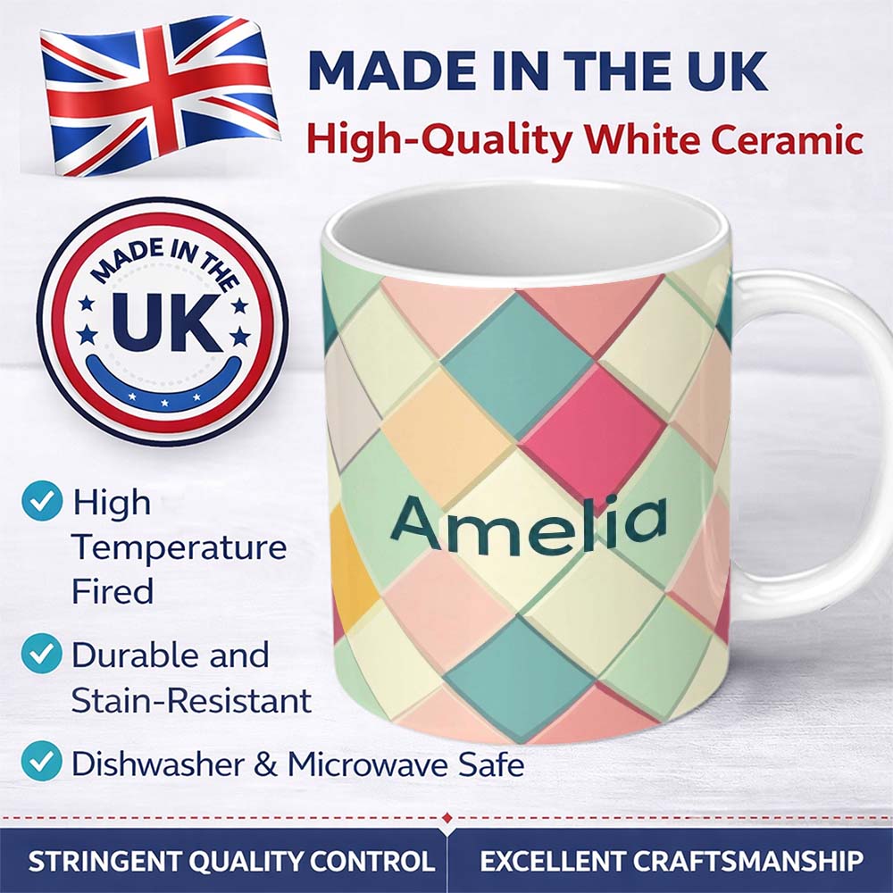 Personalized Custom Name Abstract Pastel Diamond Tile Soft Gradient Geometric Seamless 11oz Ceramic Coffee Tea Mug White Large Handle