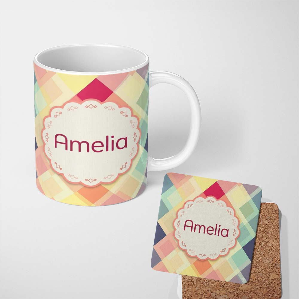 Personalized Custom Name Abstract Layered Square Pastel Gradient Soft Blend Seamless Pattern 11oz Ceramic Coffee Tea Mug White Large Handle