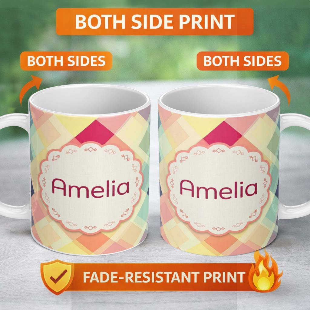Personalized Custom Name Abstract Layered Square Pastel Gradient Soft Blend Seamless Pattern 11oz Ceramic Coffee Tea Mug White Large Handle