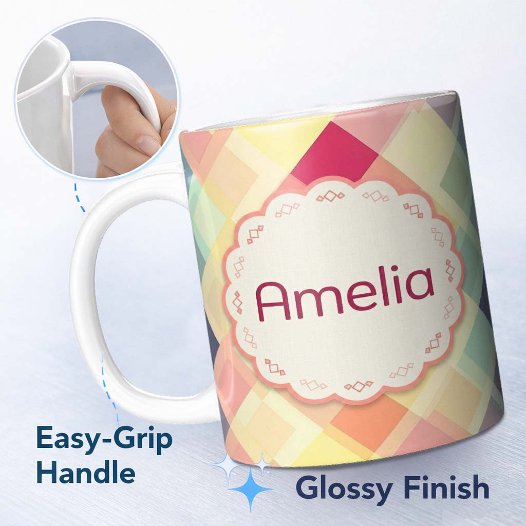 Personalized Custom Name Abstract Layered Square Pastel Gradient Soft Blend Seamless Pattern 11oz Ceramic Coffee Tea Mug White Large Handle