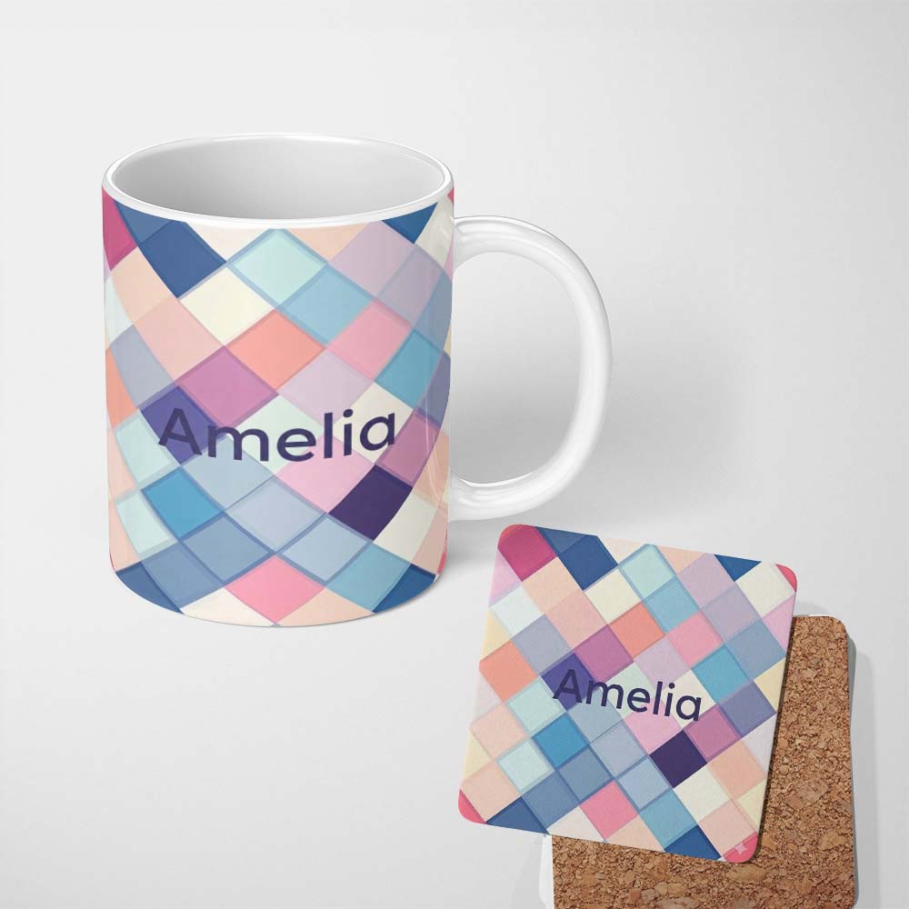 Personalized Custom Name Abstract Modern Pastel Square Overlay Gradient Texture Seamless 11oz Ceramic Coffee Tea Mug White Large Handle