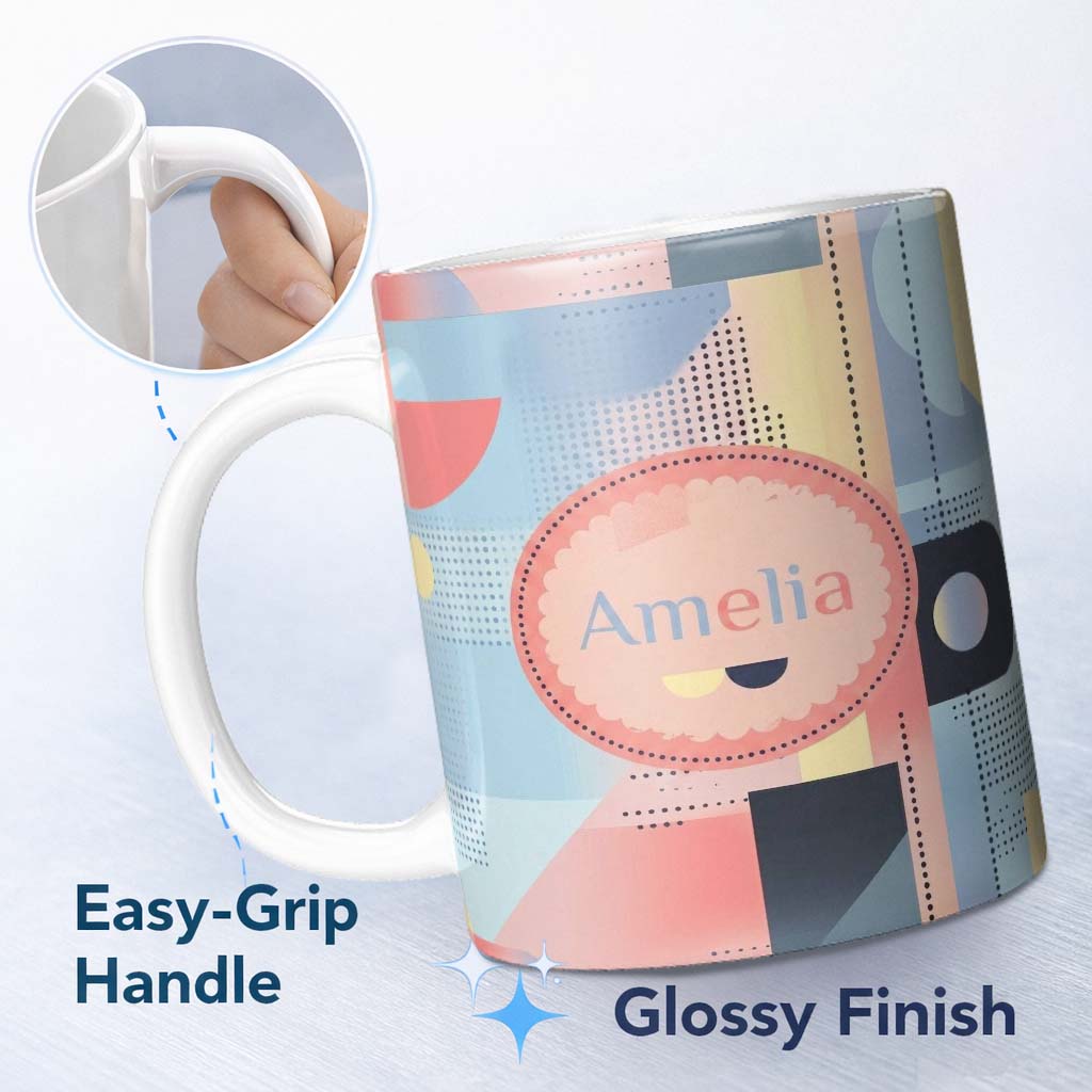 Personalized Custom Name Abstract Soft Halftone Gradient Shapes Modern Pastel Seamless 11oz Ceramic Coffee Tea Mug White Large Handle