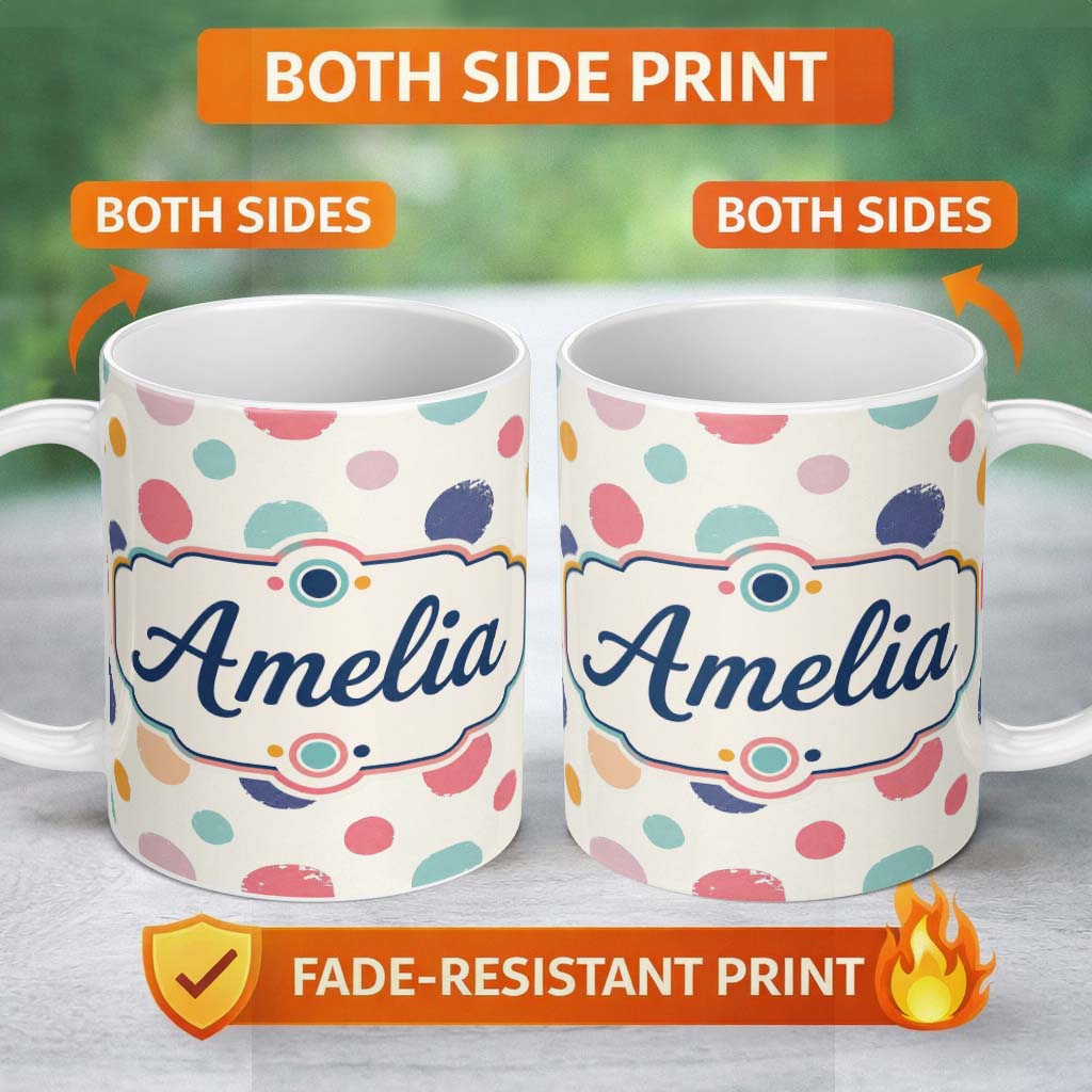 Personalized Custom Name Abstract Vintage Paint Dot Texture Pastel Circle Seamless Pattern 11oz Ceramic Coffee Tea Mug White Large Handle