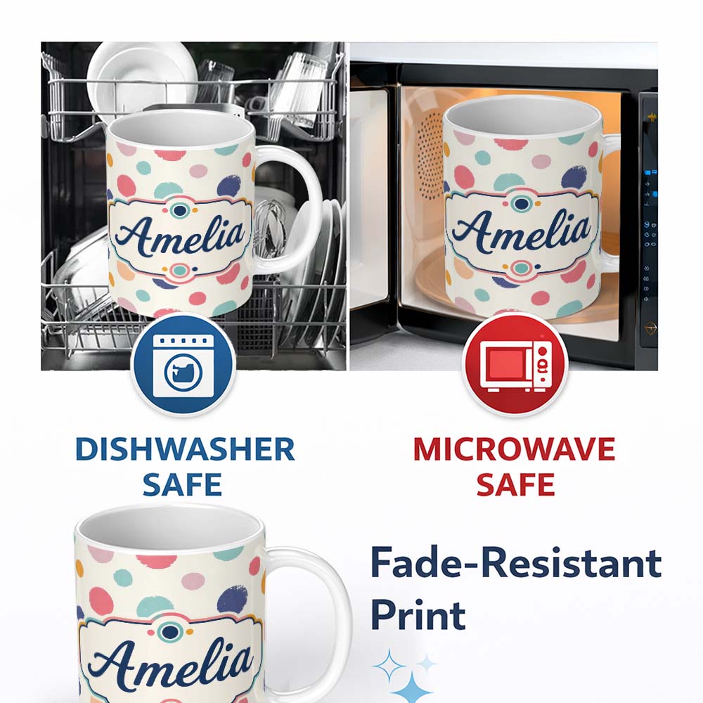 Personalized Custom Name Abstract Vintage Paint Dot Texture Pastel Circle Seamless Pattern 11oz Ceramic Coffee Tea Mug White Large Handle